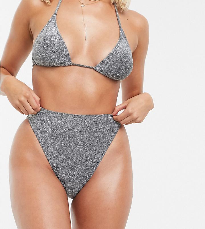 South Beach Exclusive High Leg Bikini Bottom In Metallic Silver Glitter