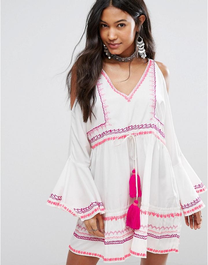Island Stories Open Shoulder Beach Dress With Neon Contast Stitching With Tassel - White