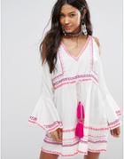 Island Stories Open Shoulder Beach Dress With Neon Contast Stitching With Tassel - White