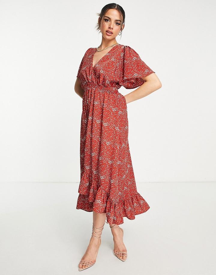 Ax Paris Wrap Floral Midi Dress In Red