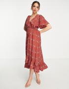 Ax Paris Wrap Floral Midi Dress In Red