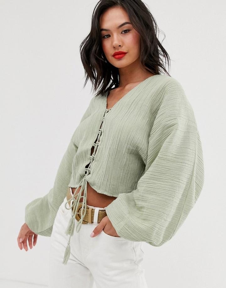 Asos Design Long Sleeve Top In Natural Crinkle With Tie Front Detail - Clear