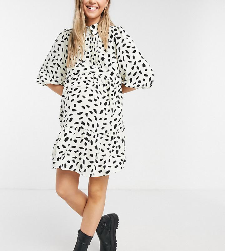 In The Style Maternity X Dani Dyer Collar Detail Pleated Shirt Skater Dress In Cream Fleck Print-multi
