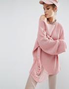 Bones Oversized Knit Sweater With Distressed Threading On Side - Pink