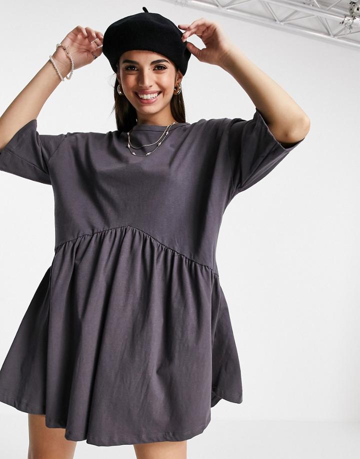 Asos Design Oversized Mini Smock Dress With Dropped Waist In Slate Gray-grey