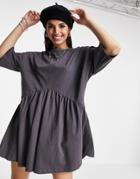 Asos Design Oversized Mini Smock Dress With Dropped Waist In Slate Gray-grey
