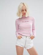 Lazy Oaf Long Sleeve T-shirt With Am I Rich Yet Embroidery In Stripe - Pink