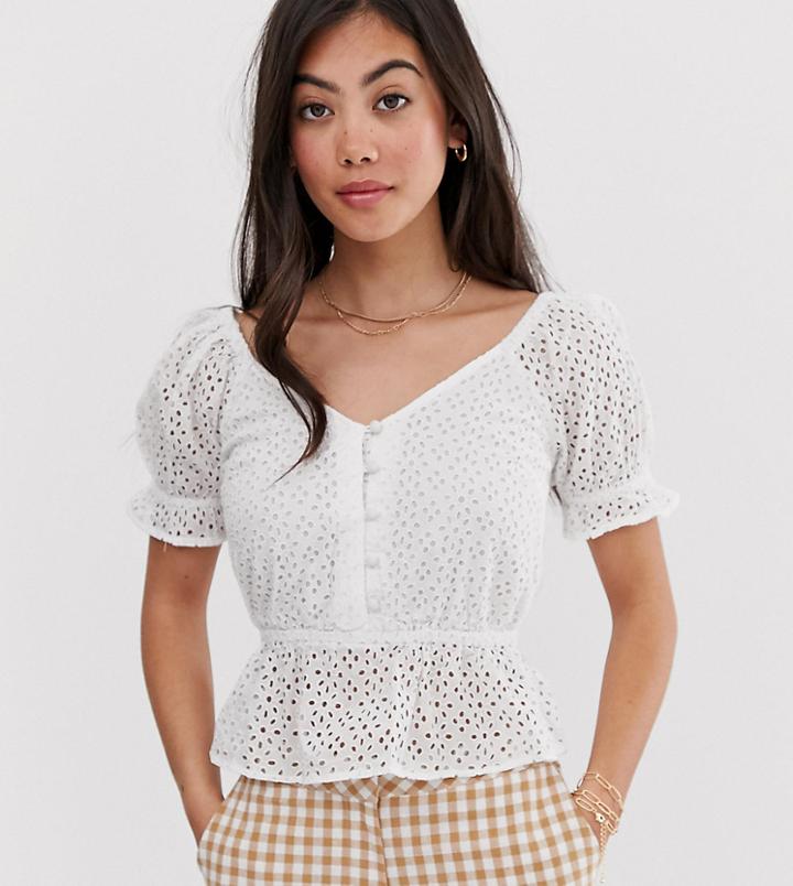 Miss Selfridge Petite Broderie Blouse With Peplum Hem In White - White