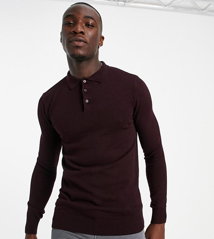 Brave Soul Tall Cotton Long Sleeve Knitted Polo In Dark Burgundy-red