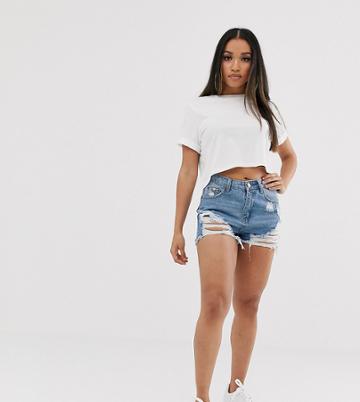 Boohoo Petite Denim Shorts With Distressing In Blue - Blue