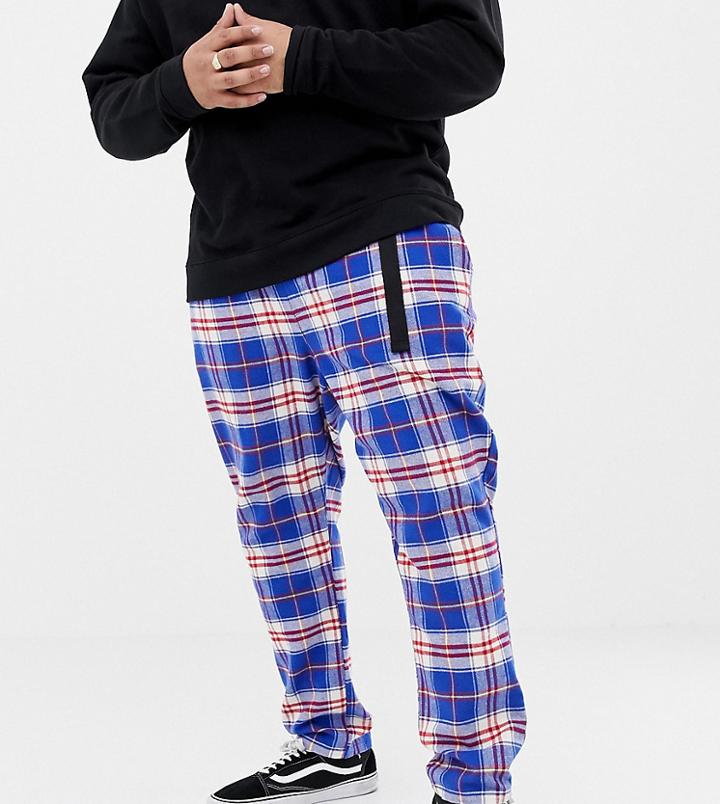 Asos Design Plus Tapered Pants In Check With Belt Detail - Blue