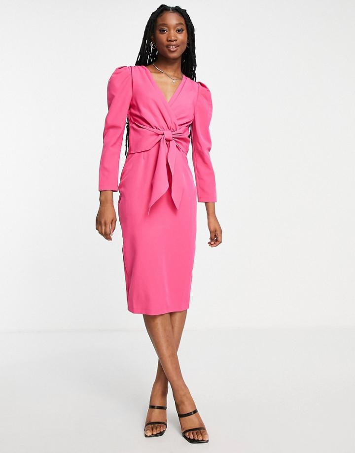 Little Mistress Puff Shoulder Tie Front Detail Midi Dress-pink