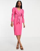 Little Mistress Puff Shoulder Tie Front Detail Midi Dress-pink