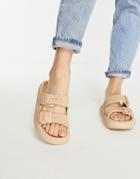 Topshop Pop Buckle Double Strap Sandal Slides In Beige-brown