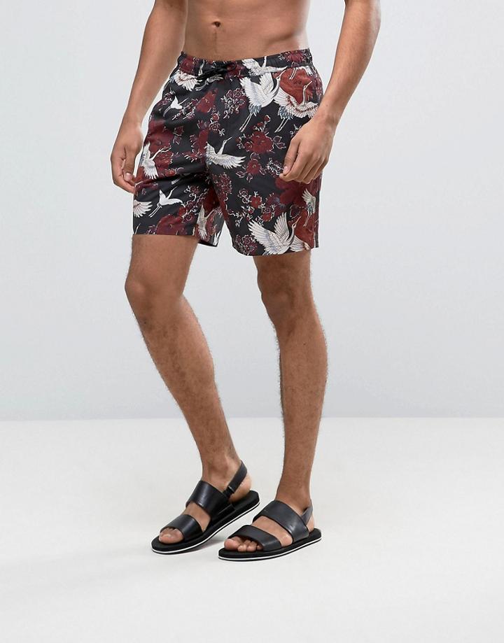 Asos Swim Shorts With Crane Floral Print In Mid Length - Red
