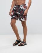 Asos Swim Shorts With Crane Floral Print In Mid Length - Red