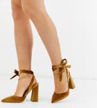 Asos Design Wide Fit Wholesome Pointed Block Heels With Chain Anklet In Ochre Velvet