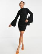 Asos Design High Neck Fluted Sleeve Mini Dress In Black