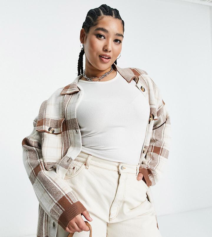 Violet Romance Plus Knit Button Up Shirt In Neutral Check