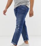Jack & Jones Intelligence Straight Fit Rip Knee Jeans In Mid Blue