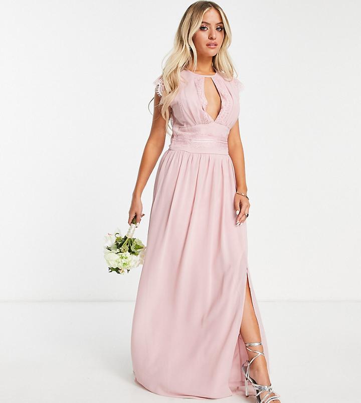 Tfnc Petite Bridesmaids Chiffon Maxi Dress With Lace Detail In Mauve-pink