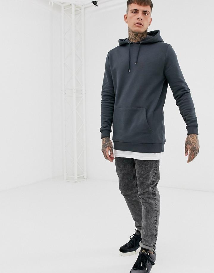 Asos Design Longline Hoodie With Mock T-shirt Hem In Washed Black - Black