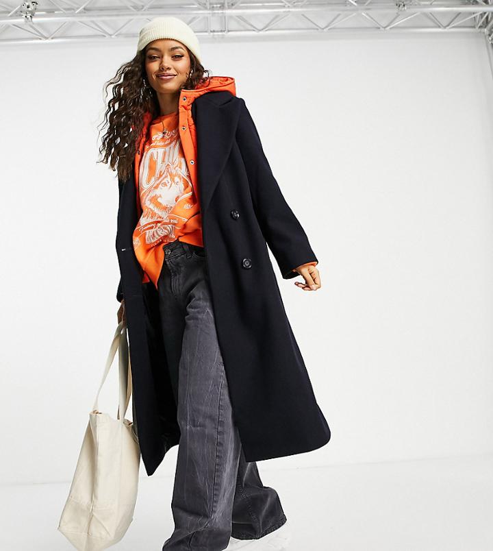 Asos Design Petite Quilted Hood Formal Coat In Navy