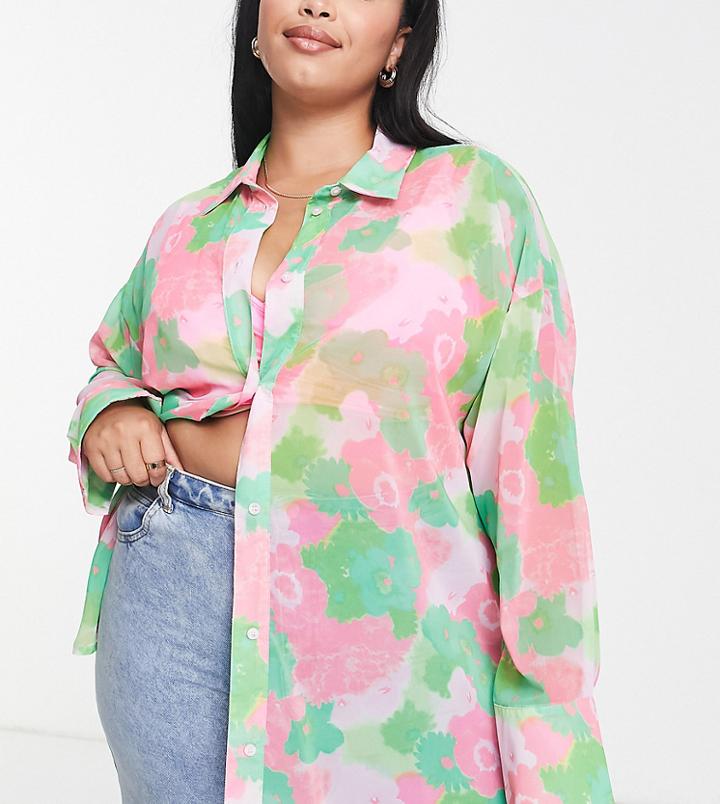 Asos Design Curve Exclusive Oversized Sheer Shirt In Green & Pink Floral-multi
