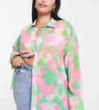 Asos Design Curve Exclusive Oversized Sheer Shirt In Green & Pink Floral-multi