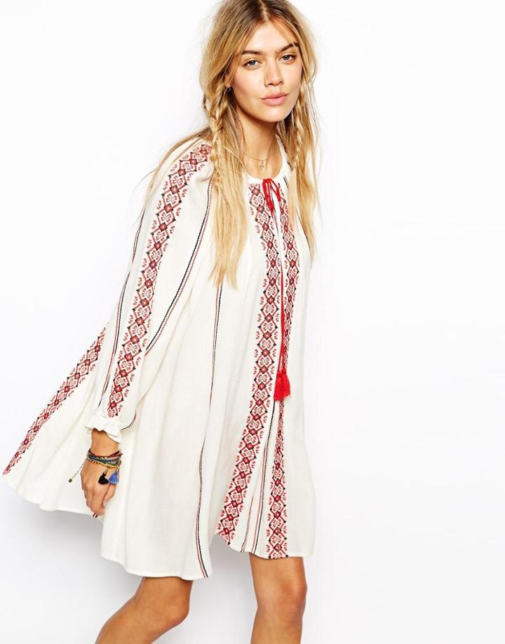 Asos Swing Dress With Long Sleeves And Embroidery