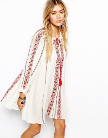 Asos Swing Dress With Long Sleeves And Embroidery