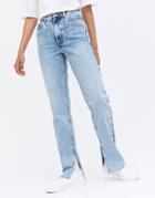 New Look Split Hem Straight Leg Jeans In Light Blue-blues