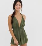 Asos Design Petite Crinkle Halter Romper-green