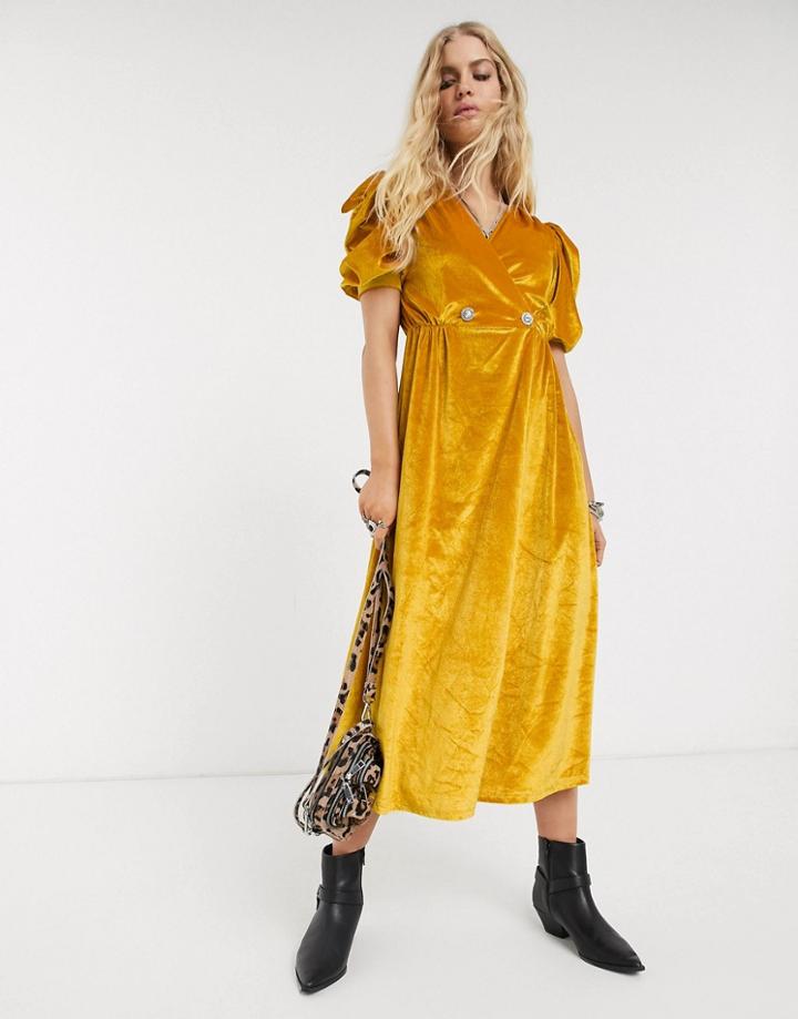 Asos Design Velvet Midi Dress With Puff Sleeve And Rhinestone Button-yellow