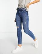River Island Mid Rise Ripped Skinny Jeans In Dark Blue-blues
