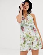 Asos Design Halter Romper With Button Detail In Self Stripe In Hawaiian Print-multi