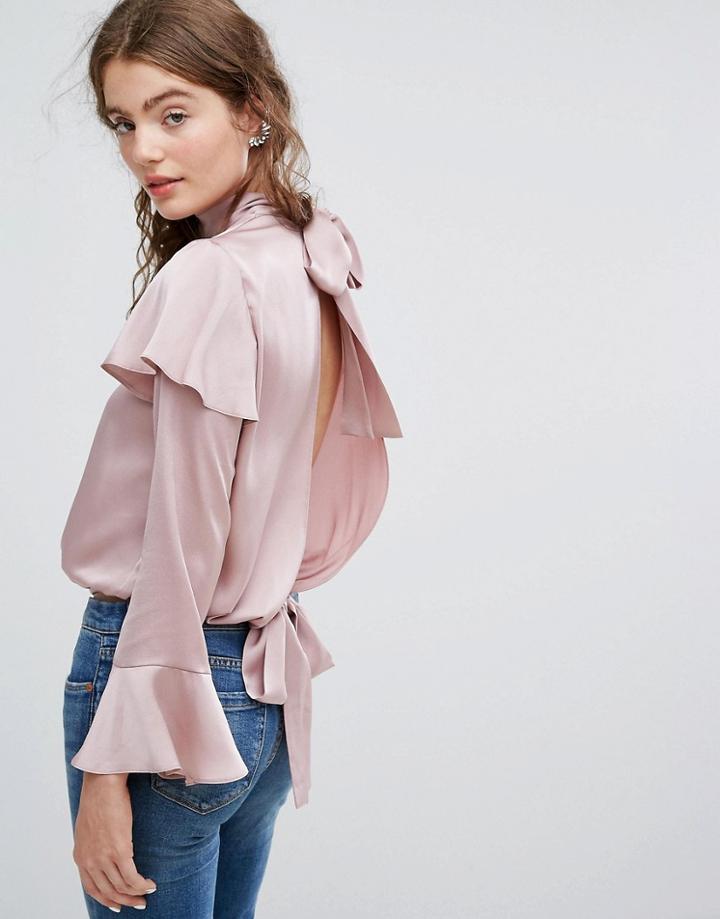 Asos Luxe Ruffle Blouse With Split Back Detail - Purple