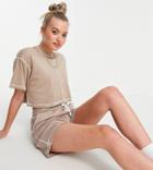 Missguided Tall Crop T-shirt With Contrast Stitch In Brown - Part Of A Set