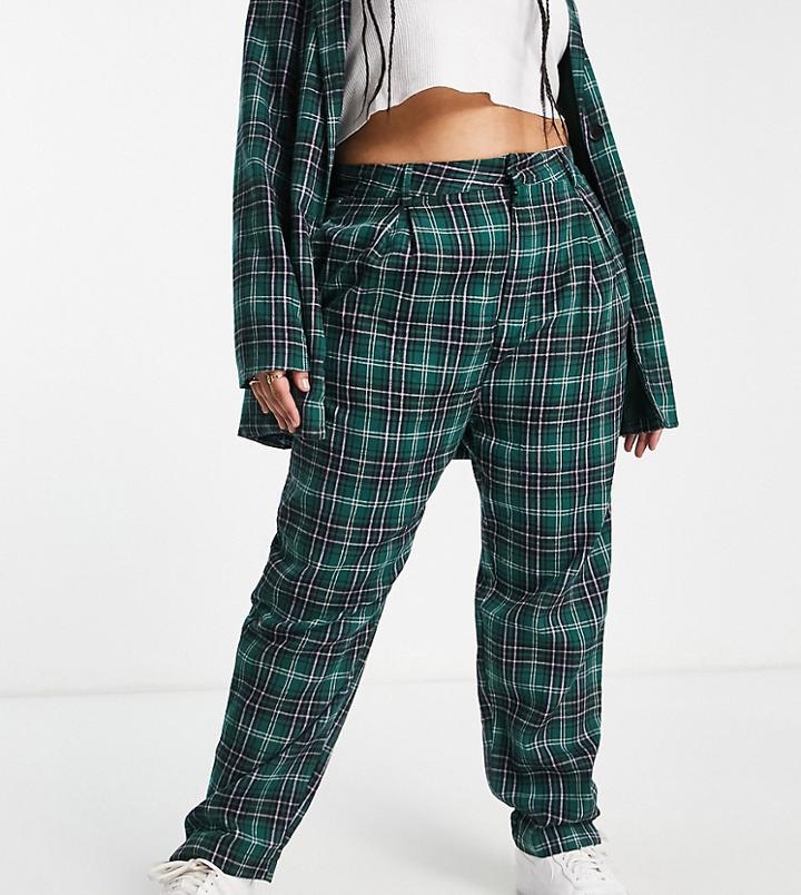 Heartbreak Plus Tailored Peg Leg Pants In Green Plaid