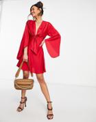 Asos Design Cape Sleeve Satin Mini Dress With Knot Front In Red