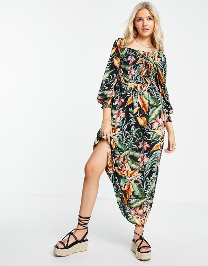 Jdy Midaxi Dress With Shirred Bodice And Puff Sleeves In Tropical Print-multi