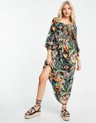 Jdy Midaxi Dress With Shirred Bodice And Puff Sleeves In Tropical Print-multi