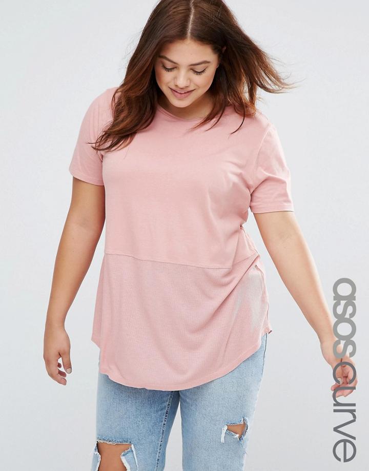 Asos Curve Contrast Ribbed Panel T-shirt - Pink