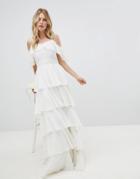 Amelia Rose Pleated Tiered Cold Shoulder Maxi Dress - White
