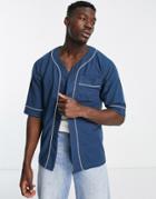 Asos Design Relaxed Waffle Baseball Shirt In Navy With Contrast White Piping