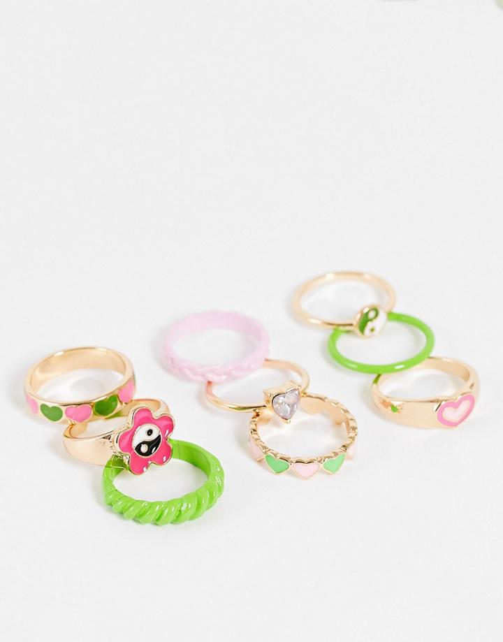 Madein. Pack Of Chunky Rings In Lime Green And Baby Pink-multi