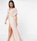 Asos Design Tall Bridesmaid Short Sleeved Cowl Front Maxi Dress With Button Back Detail-pink