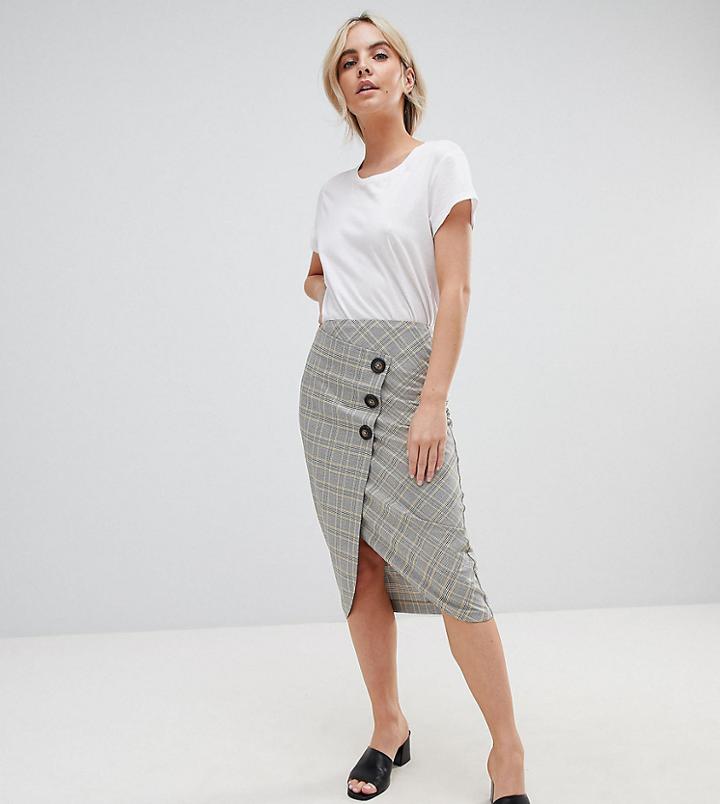 Asos Design Petite Tailored Midi Skirt In Check With Button Wrap Detail - Multi