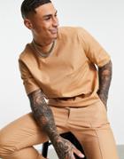Asos Design Smart Woven T-shirt In Tan Cotton Linen - Part Of A Set-brown