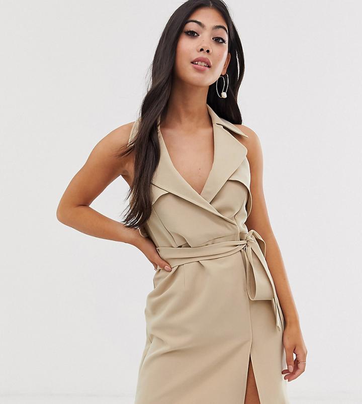 Asos Design Petite Mini Belted Trench Dress In Soft Crepe-brown